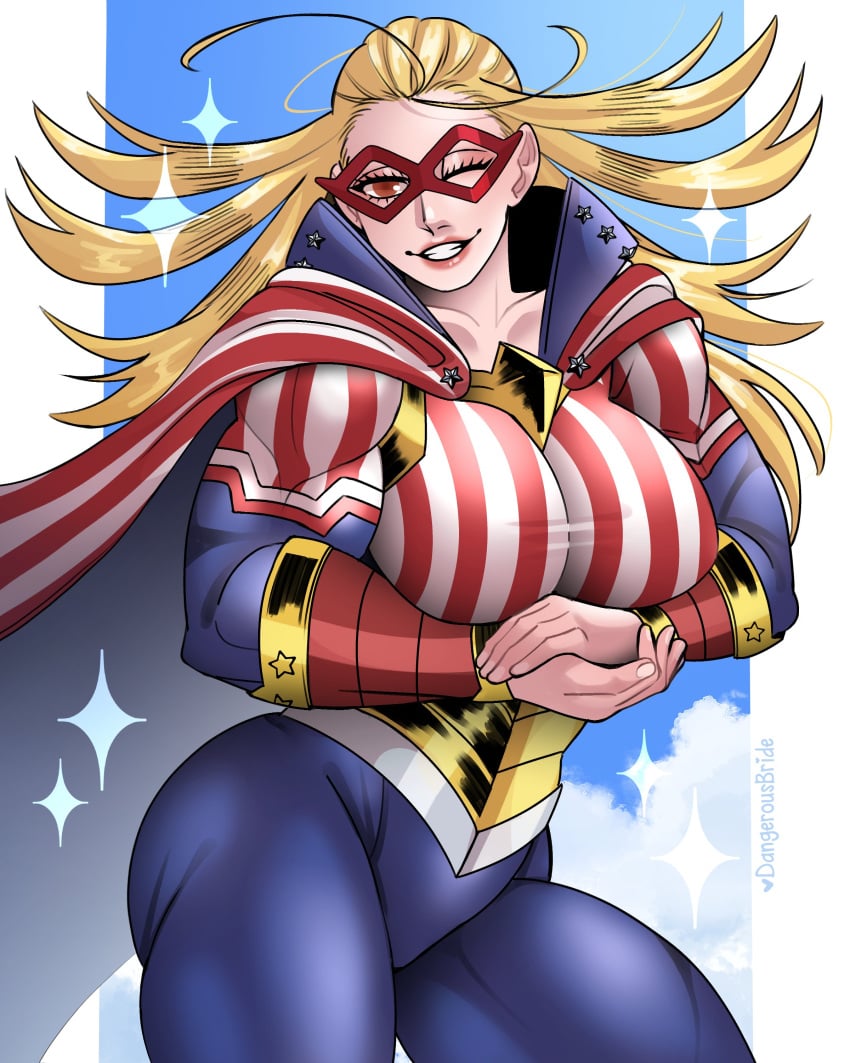 1girls big_breasts blonde_hair boku_no_hero_academia cape cathleen_bate dangerousbride eye_mask female female_only hero_outfit_(mha) long_hair looking_at_viewer muscular muscular_female my_hero_academia red_eyes smiling smiling_at_viewer solo sparkles star_and_stripe_(my_hero_academia) superheroine thick_thighs very_high_resolution wink winking_at_viewer