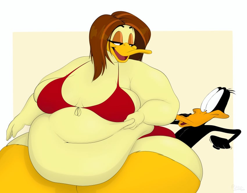 2024 absurd_res anatid anseriform anthro avian bedroom_eyes belly_overhang belly_rolls bikini bird clothing daffy_duck duck duo female grabbing_belly hi_res looney_tunes male male/female morbidly_obese morbidly_obese_female narrowed_eyes obese obese_female overweight overweight_female puhba seductive simple_background sitting_on_another swimwear the_looney_tunes_show tina_russo two-piece_swimsuit warner_brothers