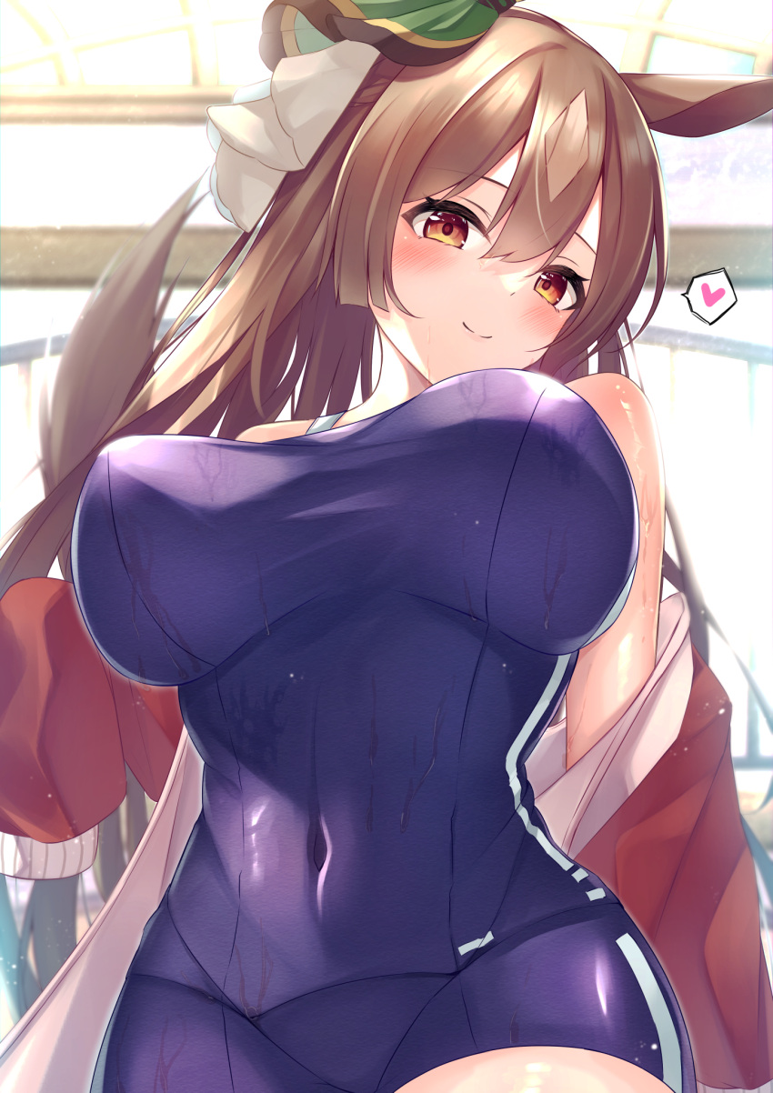 animal_ears aonu_koru blue_one-piece_swimsuit blurry blurry_background blush breasts brown_hair closed_mouth commentary_request covered_navel ear_ornament female hair_ribbon heart highres horse_ears horse_girl horse_tail impossible_clothes impossible_swimsuit jacket large_breasts long_hair long_sleeves looking_at_viewer one-piece_swimsuit red_jacket ribbon satono_diamond_(umamusume) school_swimsuit sidelocks smile solo spoken_heart standing swimsuit tail tracen_swimsuit umamusume very_long_hair