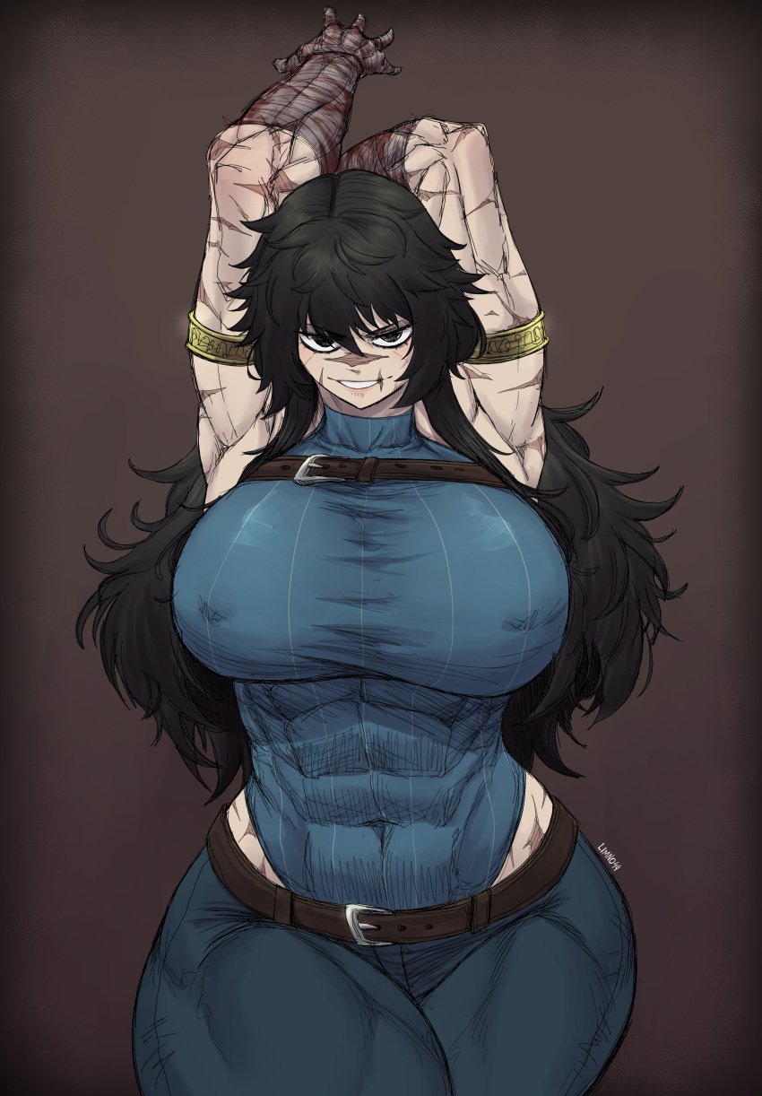 1girls 2024 abs abs_visible_through_clothing absurd_res armlet arms_behind_head arms_up bandaged_arm big_breasts black_eyes black_hair female female_only huge_breasts leotard limn044 long_hair looking_at_viewer messy_hair muscles muscular muscular_female narrowed_eyes nipple_bulge pants ramia-yana ramia_(ramia-yana) scar_across_nose scars scars_all_over simple_background smiling smiling_at_viewer solo thick_thighs