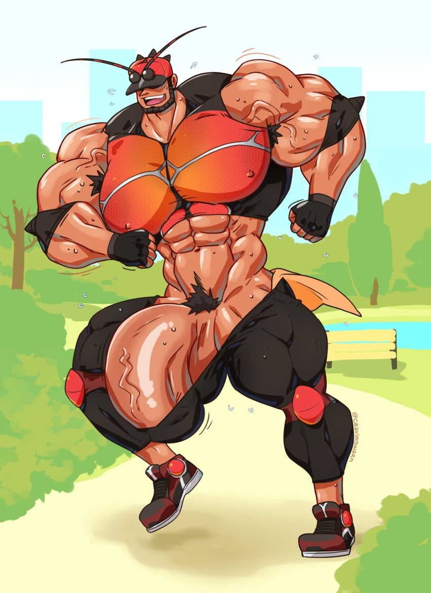 armpit_hair balls bara beard big_balls big_muscles big_penis bulge buzzwole clothing facial_hair flaccid gijinka male male_only muscles muscular nintendo penis pokemon solo solo_male sweat sweating warncraving