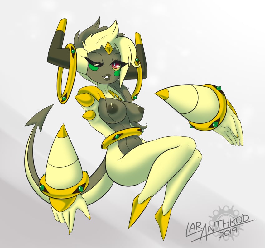 2019 2_horns 5_fingers anthro areola artist_name breasts cheek_spots chira_(latiar) digital_media_(artwork) english_text eyebrows eyelashes female fingers floating_arms generation_6_pokemon hair hi_res hoopa horn latiar legendary_pokemon lips nails nintendo nipples number one_eye_closed open_mouth pokemon pokemon_(species) pokemorph pupils red_eyes ring shiny_pokemon simple_background solo tail text white_pupils yellow_sclera