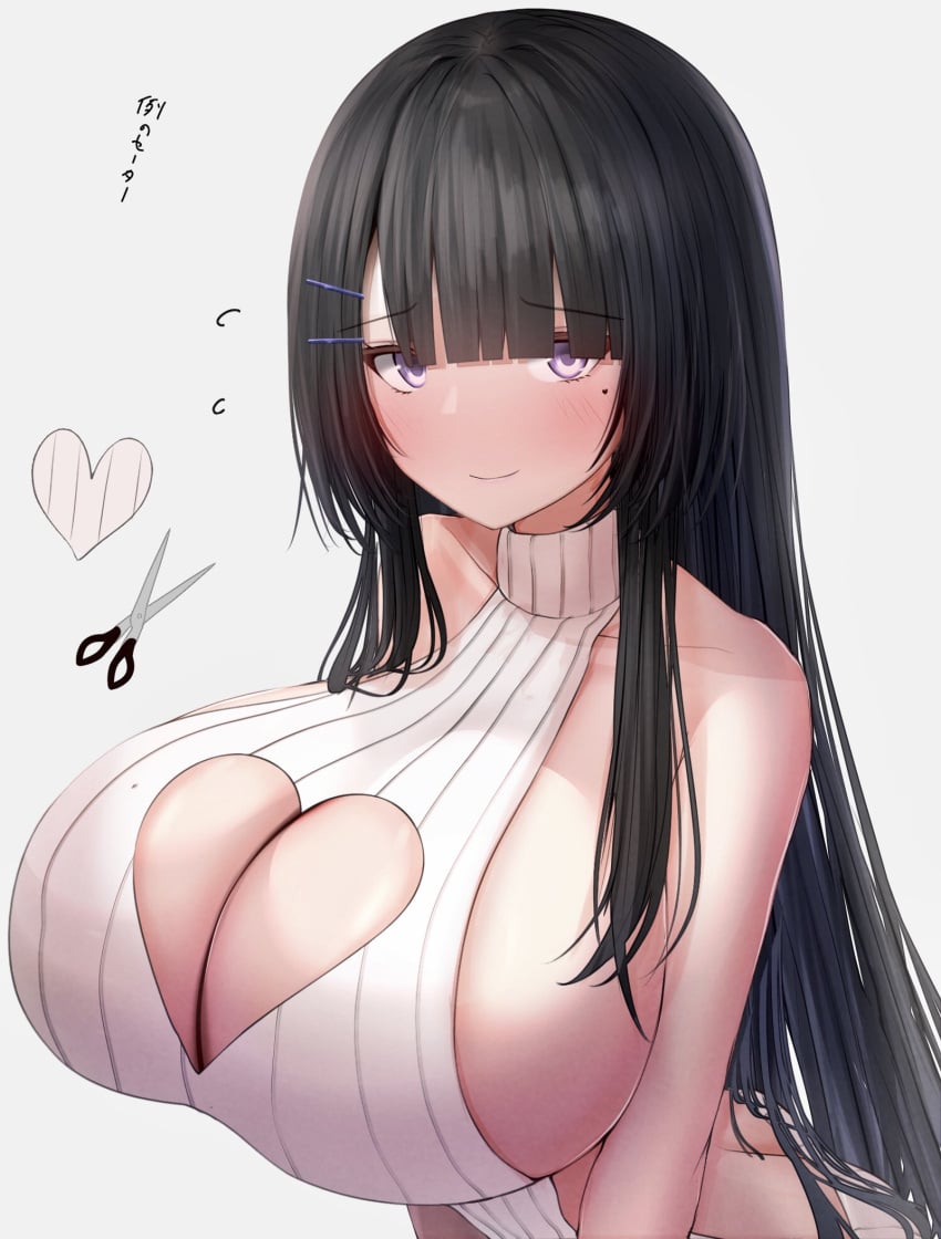 1girls ass ass_cleavage bangs bare_shoulders black_hair blush blush breast_focus breasts breasts_bigger_than_head busty cleavage cleavage_cutout collarbone enormous_breasts female female_focus female_only gigantic_breasts hair_ornament hairclip heart-shaped_mole heart_cutout heart_symbol himekawa-san_(metae) huge_breasts japanese_text large_breasts long_hair looking_at_viewer massive_breasts metae mole mole_under_eye original original_character purple_eyes scissors sideboob simple_background slim_waist smile solo sweater text thin_waist top_heavy top_heavy_breasts v_arms veiny_breasts virgin_destroyer_sweater virgin_killer_sweater voluptuous voluptuous_female white_background