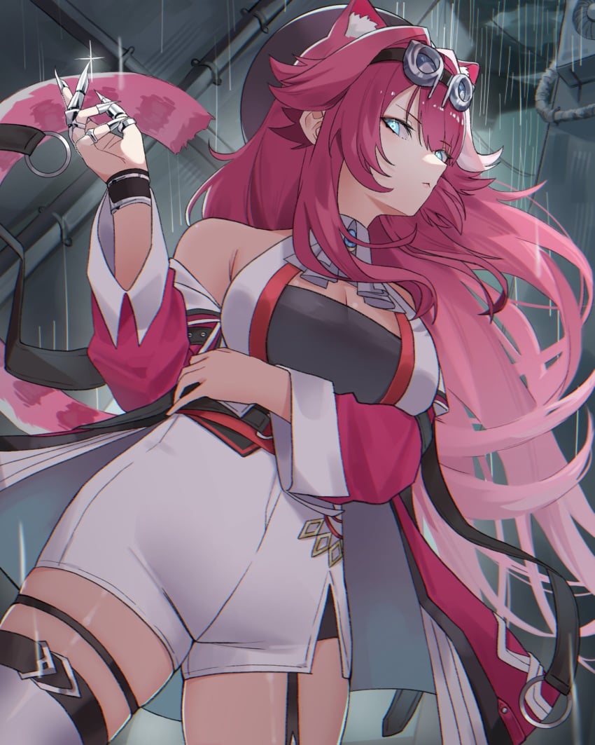 animal_ears artuntum blue_eyes breasts claw_(weapon) female garter_straps goggles goggles_on_head highres hololive hololive_english hololive_english_-justice- large_breasts long_hair panther_ears panther_tail pink_hair rain raora_panthera raora_panthera_(1st_costume) shorts single_garter_strap tail thighhighs virtual_youtuber weapon white_shorts white_thighhighs