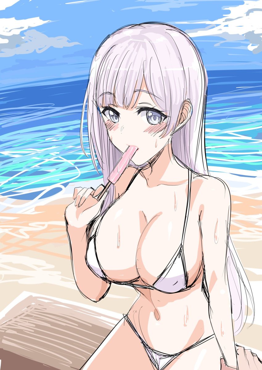 beach big_breasts blush d4dj izumo_saki kougami long_hair popsicle sweat swimsuit