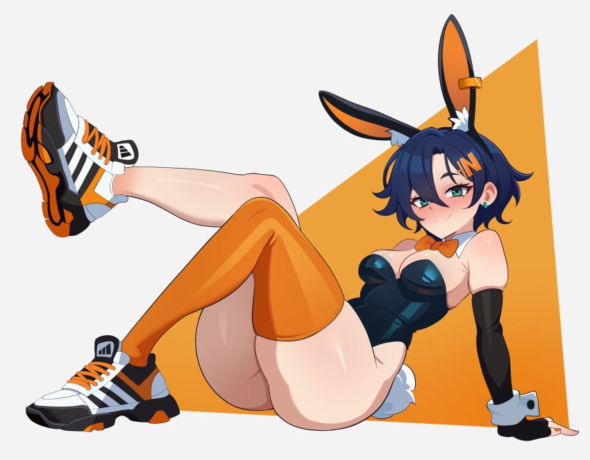 1girls absurd_res armwear belle_(zenless_zone_zero) black_armwear blue_hair blush bunny_ears bunny_tail bunnysuit detached_collar female female_only fingerless_armwear green_eyes looking_at_viewer maidcousin mihoyo neck_ribbon one_thighhigh orange_thighhighs shoes smiling smiling_at_viewer solo thick_thighs wrist_cuffs zenless_zone_zero