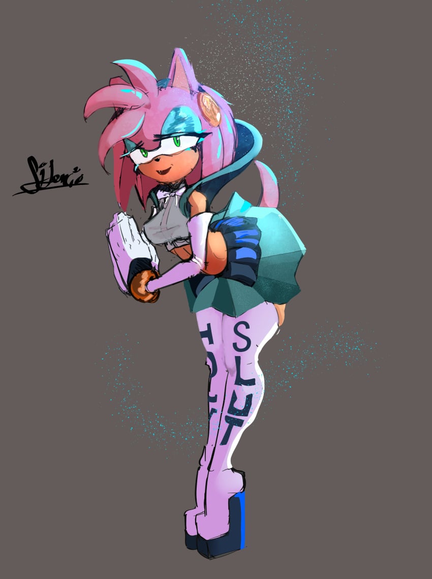 amy_rose bending_forward breasts clothed clothing crop_top elbow_gloves gloves green_eyes heels lipstick long_gloves looking_at_viewer makeup midriff milf nimue nimue_(sonic) pink_fur platform_heels silencioarthub skirt slutty_clothing slutty_outfit slutwear_(silencioarthub) sonic_(series) sonic_and_the_black_knight sonic_the_hedgehog_(series) wedge_heels