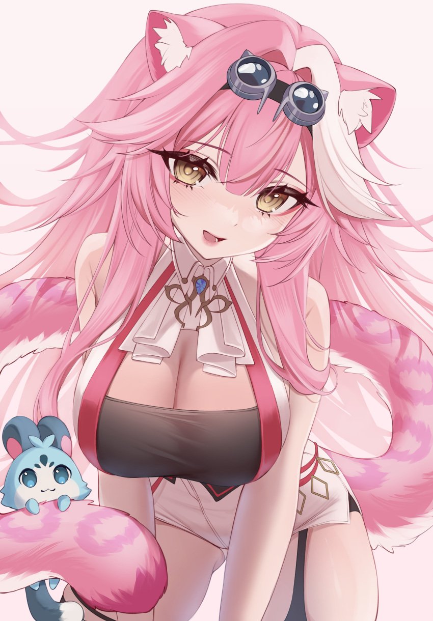 absurdres animal_ear_fluff animal_ears bare_shoulders black_tube_top blue_eyes breasts chattino_(raora_panthera) cleavage cowboy_shot fan_mascot_(vtuber) female goggles goggles_on_head hair_flaps highres hololive hololive_english hololive_english_-justice- large_breasts leaning_forward long_hair looking_at_viewer lorikaruu open_mouth panther_ears panther_girl panther_tail pink_hair raora_panthera raora_panthera_(1st_costume) short_shorts shorts strapless thigh_strap thighhighs thighs tube_top vest virtual_youtuber white_background white_hair white_thighhighs white_vest yellow_eyes