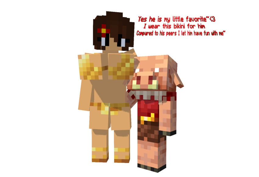 1boy 1girls age_difference brown_hair compliment complimenting_partner golden_bikini head_on_breasts milf mine-imator minecraft no_background pig_ears piglin size_difference smaller_male standing taller_girl text