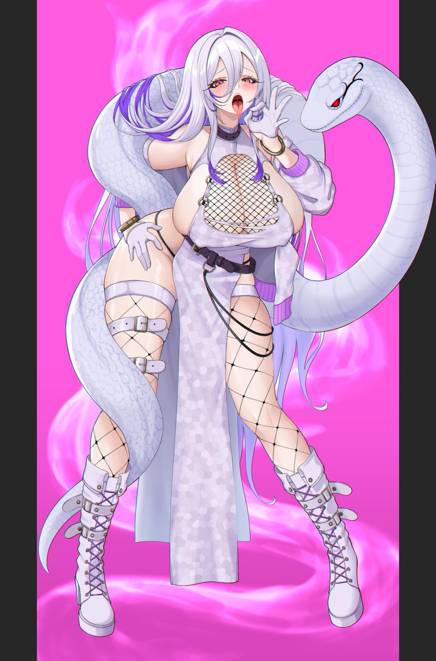 bare_shoulders belt blush boots bracelet cleavage covered_erect_nipples dress forked_tongue full_body gloves gradient_hair huge_breasts jacket jewelry kangaruu_(momotk1109) long_hair pelvic_curtain pink_eyes purple_hair snake solo thighhighs tongue white_hair