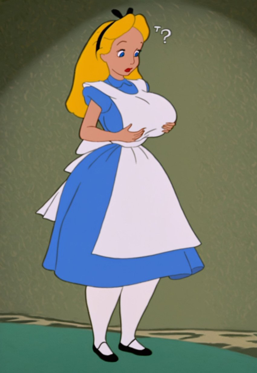 1female 1girls ? accurate_art_style aged_up ai_generated alice_(disney) alice_in_wonderland alice_in_wonderland_(1951_film) alice_liddell big_breasts blonde_female blonde_hair blonde_hair blonde_hair_female blue_dress blue_eyes breast_grab breasts breasts breasts dress female female_only grabbing_own_breast grabbing_own_breasts holding_breast holding_breasts huge_breasts large_breasts only_female puckout retro_artstyle solo surprised surprised_expression thick wide_hips