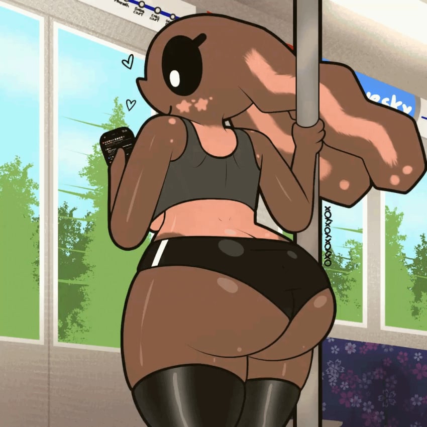 anthro artist_name artist_signature ass ass_cleavage big_ass big_butt bouncing_ass brown_body brown_fur cinnamon_(oxyoxyoxyox) heart heart_symbol hearts oxyoxyoxyox phone rabbit rabbit_humanoid tan_body tan_fur thick_thighs thighhighs thump train