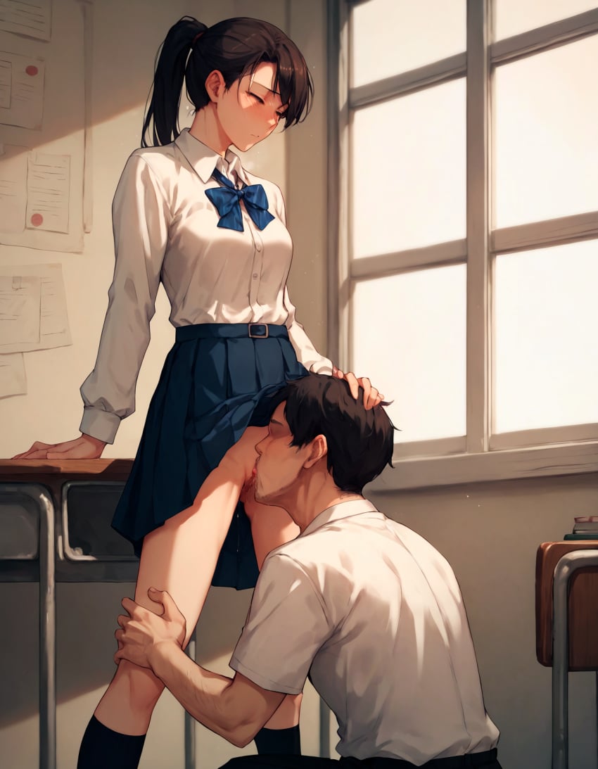 1boy 1girls age_difference ai_generated classroom clothed cunnilingus desk hand_on_head licking licking_pussy orgasm original_character ponytail pussy_juice rtxfus rtxfus34 school_uniform skirt skirt_lift socks stealth_oral teacher teacher_and_student young younger_female