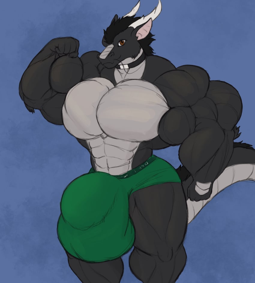 2024 anthro antlers big_bulge big_muscles big_pecs black_body black_hair boxers_(clothing) bulge clothed clothing collar countershading dragon eastern_dragon fist flexing grey_body grey_countershading hair hi_res horn huge_bulge huge_muscles huge_pecs hyper hyper_bulge hyper_muscles looking_at_viewer male muscular mythological_creature mythological_scalie mythology pecs scalie smile solo sonicgamer standing three-quarter_view underwear underwear_only whiskers zylo_(sonicgamer)