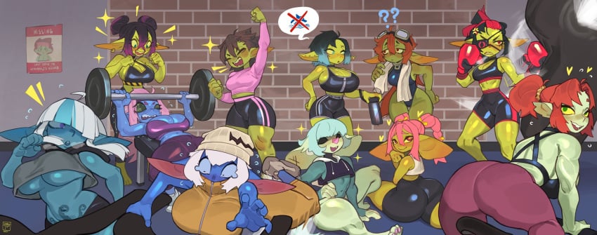 11girls anart_(cliffpadfoot) aqua_hair ass big_breasts big_ears black_hair blue_skin boxing boxing_gloves demise_(goldenlitten) eyepatch female female_only gattles goblin goblin_female green_eyes green_skin grey_skin gym highlights_(coloring) leora_(kibix1) lion_(nedoiko) looking_at_viewer matcha_(gattles) multiple_girls nixi_(athighhighguy) orange_hair pink_hair pointy_ears purple_eyes red_eyes red_hair seffie_(goblin_peewee) shortstack smiling smiling_at_viewer sportswear thick_ass thick_thighs two_tone_hair very_high_resolution white_hair workout yellow_sclera