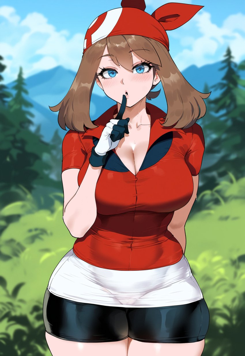 1girls ai_generated big_boobs big_breasts boobs breasts brown_hair brown_hair_female clothed clothed_female creamy_ai female_focus female_only light-skinned_female light_skin looking_at_viewer may_(pokemon) nintendo pokemon solo solo_female solo_focus