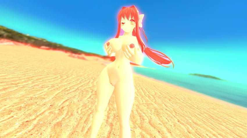 1girls 3d artist_request beach doki_doki_literature_club female female_focus female_only garry's_mod human human_female human_only light-skinned_female light_skin monika_(doki_doki_literature_club) nude nude_female solo source_request white_bow