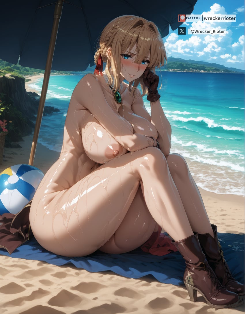 ai_generated beach big_breasts blush breasts breasts_out breasts_squeezed_together female_focus fit fit_female hourglass_figure large_breasts nipples nude ocean pussy stable_diffusion thick_thighs top_heavy topless violet_evergarden violet_evergarden_(character) voluptuous wide_hips wrecker_rioter