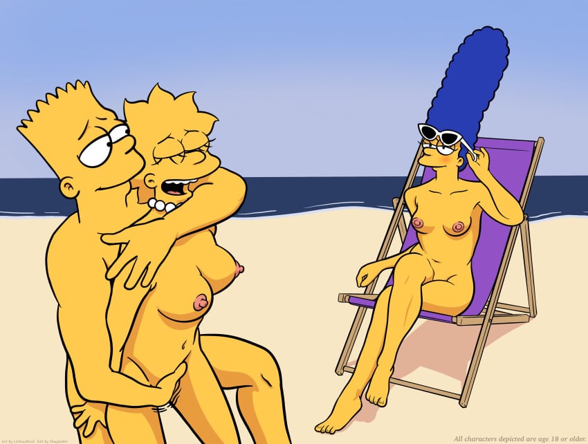 1boy 20th_century_fox 20th_century_studios 2girls aged_up bart_simpson beach beach_chair blue_hair blush breasts brother_and_sister female fingering fingering_pussy human human_on_human incest lisa_simpson lockandlewd looking_at_another male male/female male_focus marge_simpson nipples nude nude_female nude_male ocean open_mouth outdoors pearl_necklace pussy smile straight the_simpsons yellow_skin