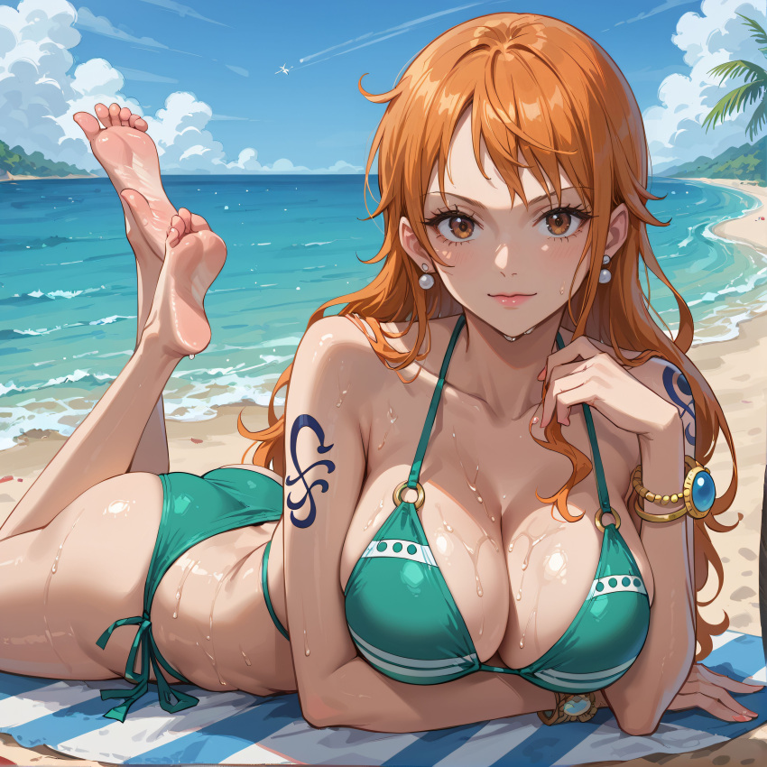 1girls ai_fishball ai_generated ass beach bikini breasts cleavage feet female female_only large_breasts long_hair nami nami_(one_piece) on_stomach one_piece outdoors post-timeskip solo tattoo the_pose water wet