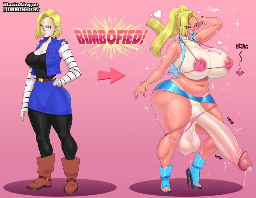 1futa 1girls android_18 ass_expansion balls_expansion bimbo bimbofication blazinahegao breast_expansion dragon_ball dragon_ball_z erection female female_to_futa futanari futanari_transformation high_heels huge_balls huge_breasts huge_cock nipple_slip nipples penis_expansion saggy_balls solo tan tanline throbbing_penis