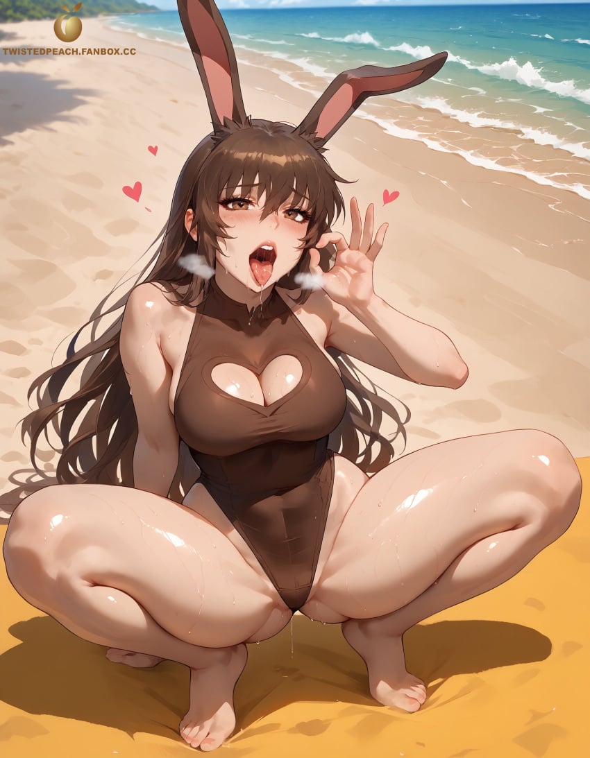 ai_generated beach big_ass big_breasts blush blush brown_eyes brown_hair bunny_ears bunny_girl cleavage cleavage_cutout drool drooling faunus fellatio_gesture heart_cutout large_ass large_breasts long_hair one-piece_swimsuit open_mouth rabbit_ears rabbit_girl rwby squatting sweat sweatdrop sweating swimsuit swimwear tagme tongue tongue_out twistedpeach velvet_scarlatina wide_hips