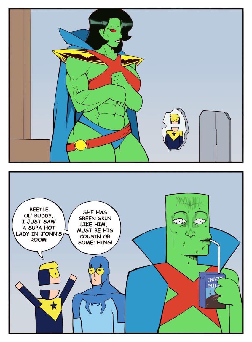 2boys1girl 3boys 3boys1girl abs alien alien_boy alien_girl alien_humanoid blue_beetle bonnymama7 booster_gold comic comic_page dc dc_comics funny funny_face gender_transformation genderbend genderswap green_skin male_to_female martian martian_manhunter muscular muscular_female red_eyes rule_63