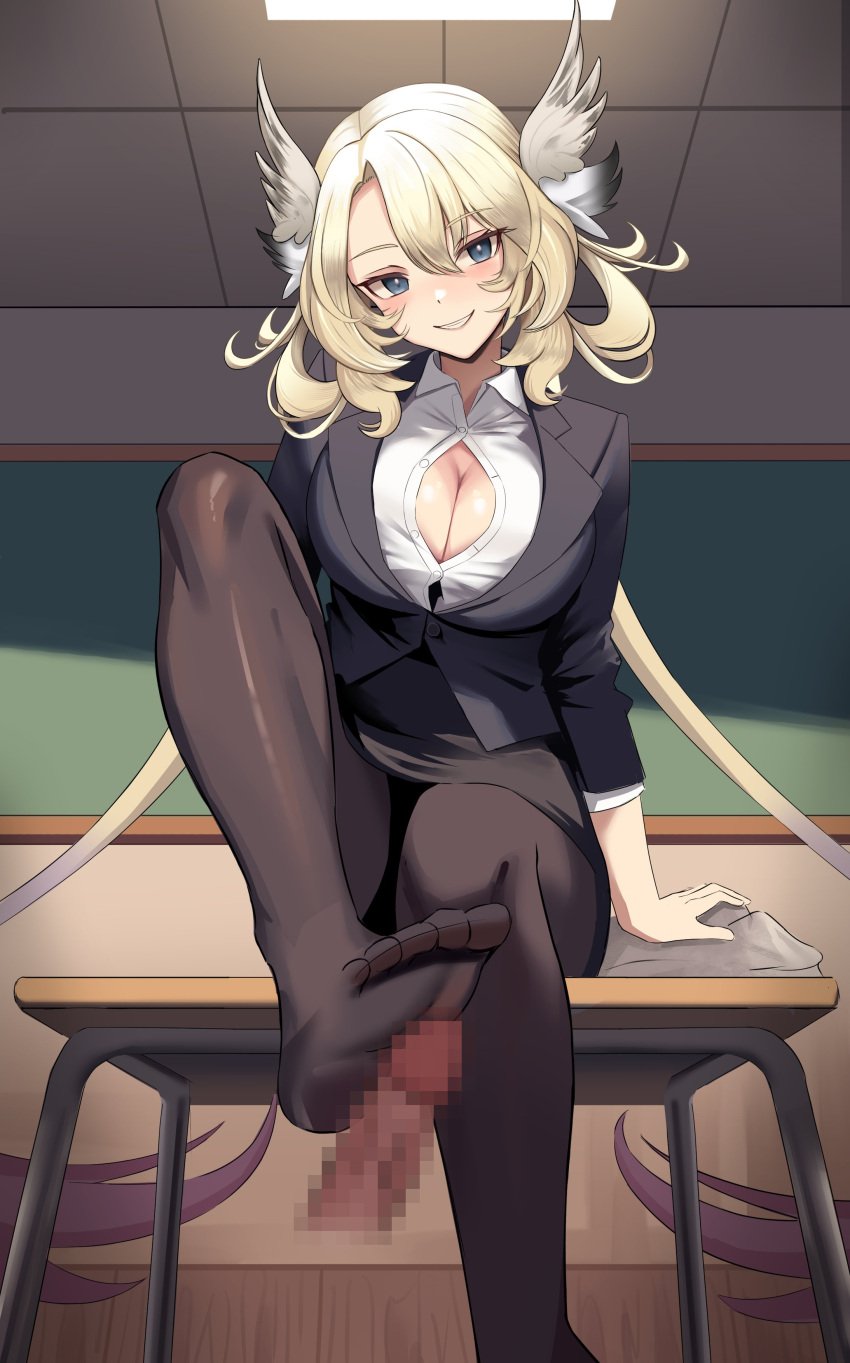 1boy 1girls blonde_hair blue_eyes blush breasts censored classroom disembodied_penis eien_project footjob head_wings hhsan huge_breasts indoors light-skinned_female light-skinned_male light_skin looking_at_viewer male_pov mosaic_censoring pantyhose penis pov room skye_shinryu suit teacher virtual_youtuber