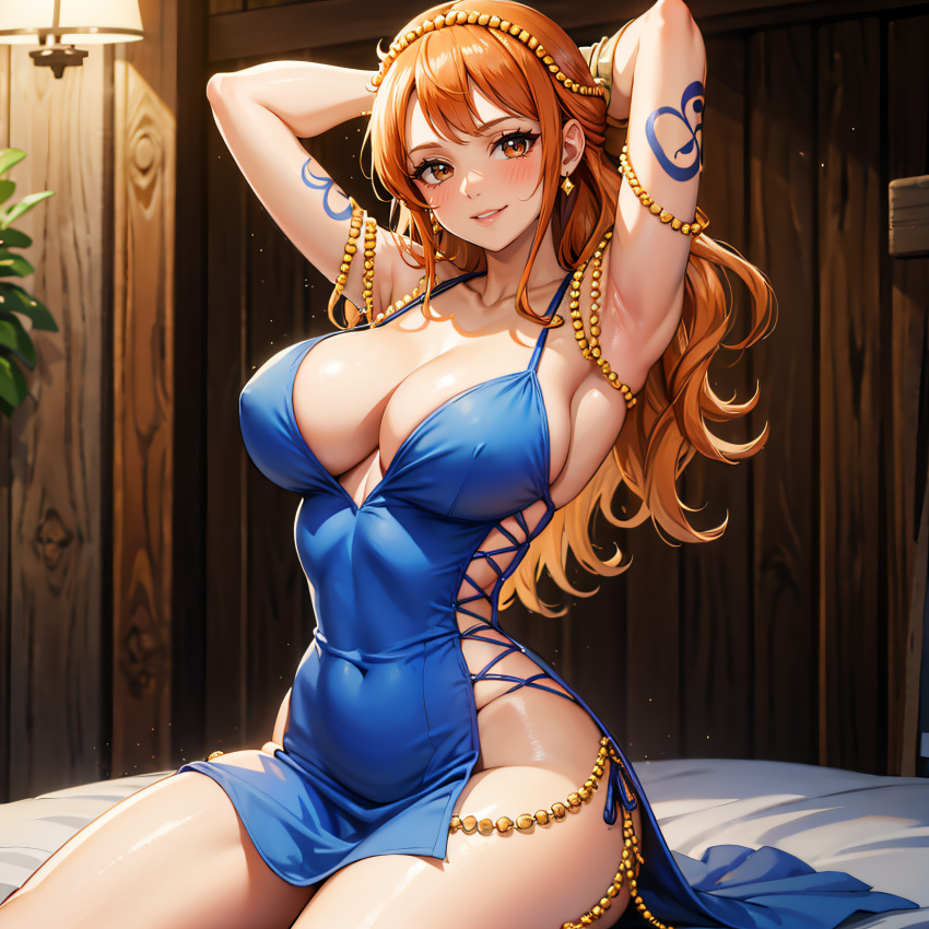 ai_fishball ai_generated armpits arms_up big_breasts blue_dress curvy female female_only nami nami_(one_piece) one_piece post-timeskip red_hair slim tattoo thick_thighs voluptuous