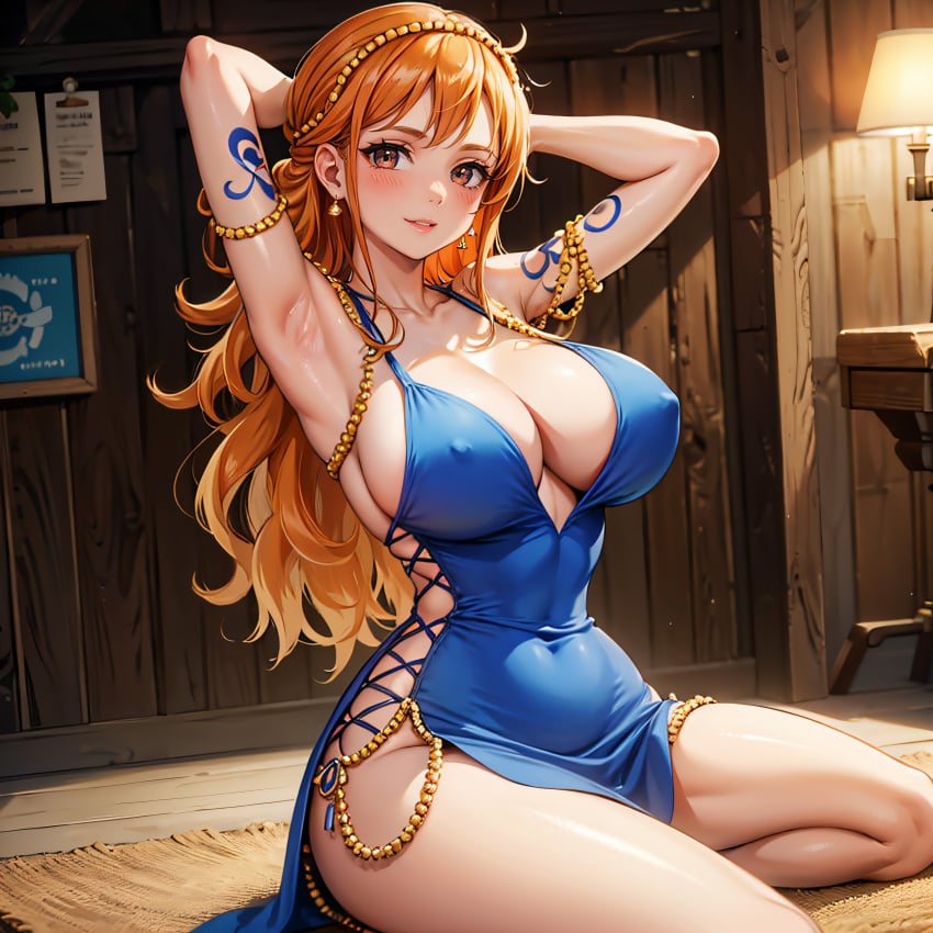 ai_fishball ai_generated armpits arms_up big_breasts blue_dress female female_only nami_(one_piece) one_piece orange_hair red_hair thick_thighs voluptuous