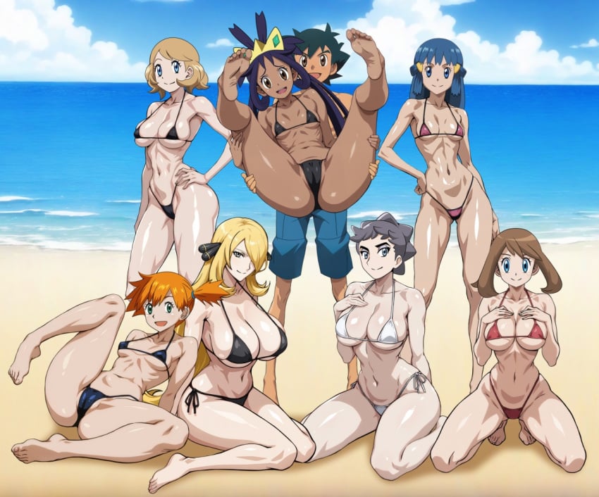 1boy 6+girls 7girls ash_ketchum beach big_breasts bikini black_hair blonde_hair blue_eyes blue_hair blue_sky brown_eyes brown_hair cynthia_(pokemon) dawn_(pokemon) diantha_(pokemon) feet green_eyes grey_eyes harem iris_(pokemon) kasumi_(pokemon) may_(pokemon) medium_breasts misty_(pokemon) multiple_girls nintendo ocean open_mouth orange_hair pokemon pokemon_(anime) pokemon_bw pokemon_dppt pokemon_rgby pokemon_rse pokemon_xy satoshi_(pokemon) serena_(pokemon) small_breasts soles swimming_trunks swimsuit toes yxyyxy