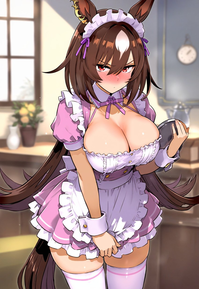 ai_generated animal_ears blush brown_hair cosplay female horse_girl long_hair markings markings_on_head red_eyes sirius_symboli_(umamusume) umamusume umamusume_pretty_derby