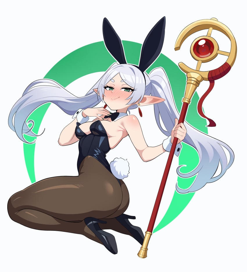 1girls absurd_res ass bunny_ears bunny_tail bunnysuit detached_collar elf elf_ears elf_female eyelashes female female_only frieren green_eyes heels kneeling long_hair looking_at_viewer magic_staff maidcousin narrowed_eyes neck_ribbon pantyhose smiling smiling_at_viewer smug solo sousou_no_frieren staff thick_thighs twintails white_hair wrist_cuffs