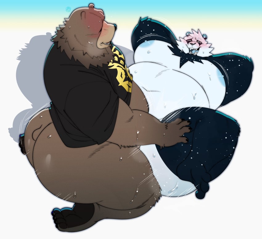 2024 absurd_res anthro ass bear belly ben_bigger black_body black_clothing black_fur black_shirt black_t-shirt black_topwear blush bodily_fluids bottomless brown_body brown_fur canon_x_oc clothed clothing duo fur giant_panda hi_res lying male male/male male_penetrated male_penetrating male_penetrating_male mammal mihoyo moobs nude on_back overweight overweight_male penetration satsui-n0-had0u sex shirt sweat t-shirt topwear white_body white_fur zenless_zone_zero