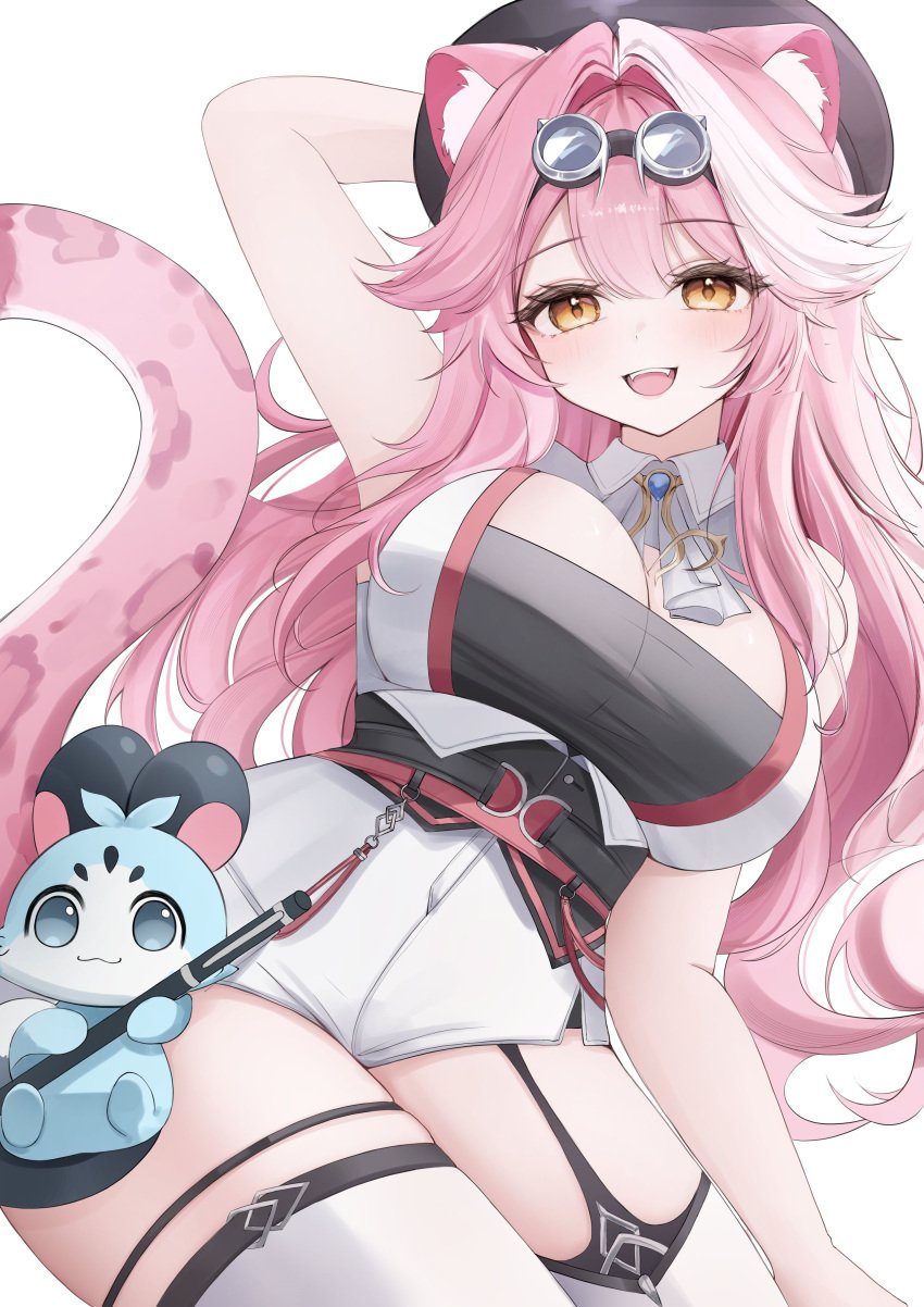 absurdres animal_ears arm_up beret black_hat black_tube_top breasts cat_ears cat_girl cat_tail chattino_(raora_panthera) fan_mascot_(vtuber) female goggles goggles_on_head hat highres hololive hololive_english hololive_english_-justice- large_breasts long_hair looking_at_viewer pink_hair raora_panthera raora_panthera_(1st_costume) shorts smile solo strapless tail thigh_strap thighhighs tube_top vest virtual_youtuber white_hair white_shorts white_thighhighs white_vest yellow_eyes yumiewuri