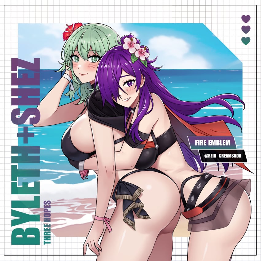 2girls absurdres artist_name ass bare_shoulders bikini black_bikini black_choker blue_sky blush breasts byleth_(fire_emblem) byleth_(fire_emblem)_(female) byleth_(summer)_(fire_emblem)_(female) character_name choker closed_mouth cloud cloudy_sky commentary copyright_name day enlightened_byleth_(female) fingernails fire_emblem fire_emblem:_three_houses fire_emblem_heroes fire_emblem_warriors:_three_hopes flower from_side green_eyes green_hair hair_bun hair_flower hair_ornament hair_over_one_eye hand_up hibiscus highres hug hug_from_behind large_breasts lips long_hair looking_at_viewer multiple_girls nintendo ocean official_alternate_costume official_alternate_hair_color outdoors purple_eyes purple_hair rein_creamsoda shez_(female)_(fire_emblem) shez_(female)_(summer)_(fire_emblem) shez_(fire_emblem) shiny_skin sky smile swimsuit thighs water