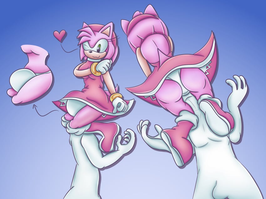 :3 amy_rose anthro ass bare_shoulders between_legs between_thighs boots from_behind headscissor heart human panties rosano simple_background sonic_(series) sonic_the_hedgehog_(series) thick_thighs thighs wrestling