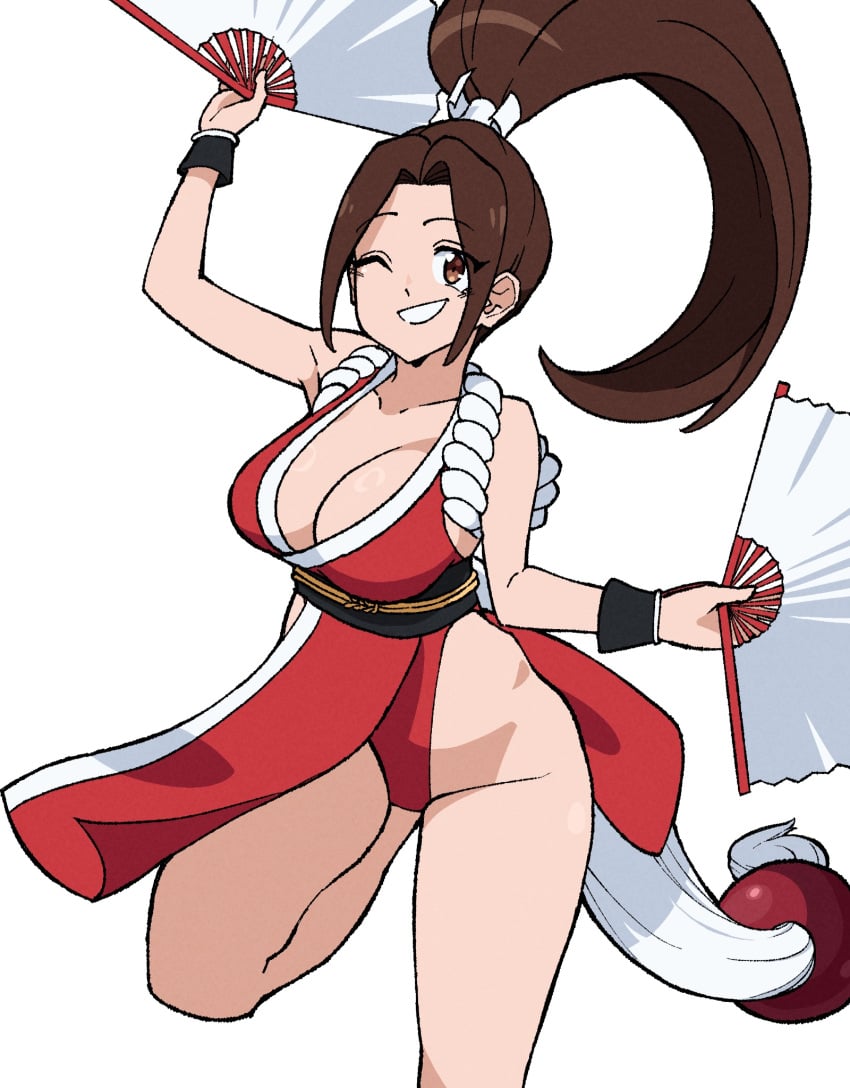 1girls big_breasts brown_eyes brown_hair fan female female_only fully_clothed gloves hair human japanese japanese_clothes king_of_fighters light-skinned_female light_skin long_hair mai_shiranui one_eye_closed one_leg_up panties pointy_chin smiling smiling_at_viewer solo solo_female tail thighs tied_hair voluptuous wide_hips