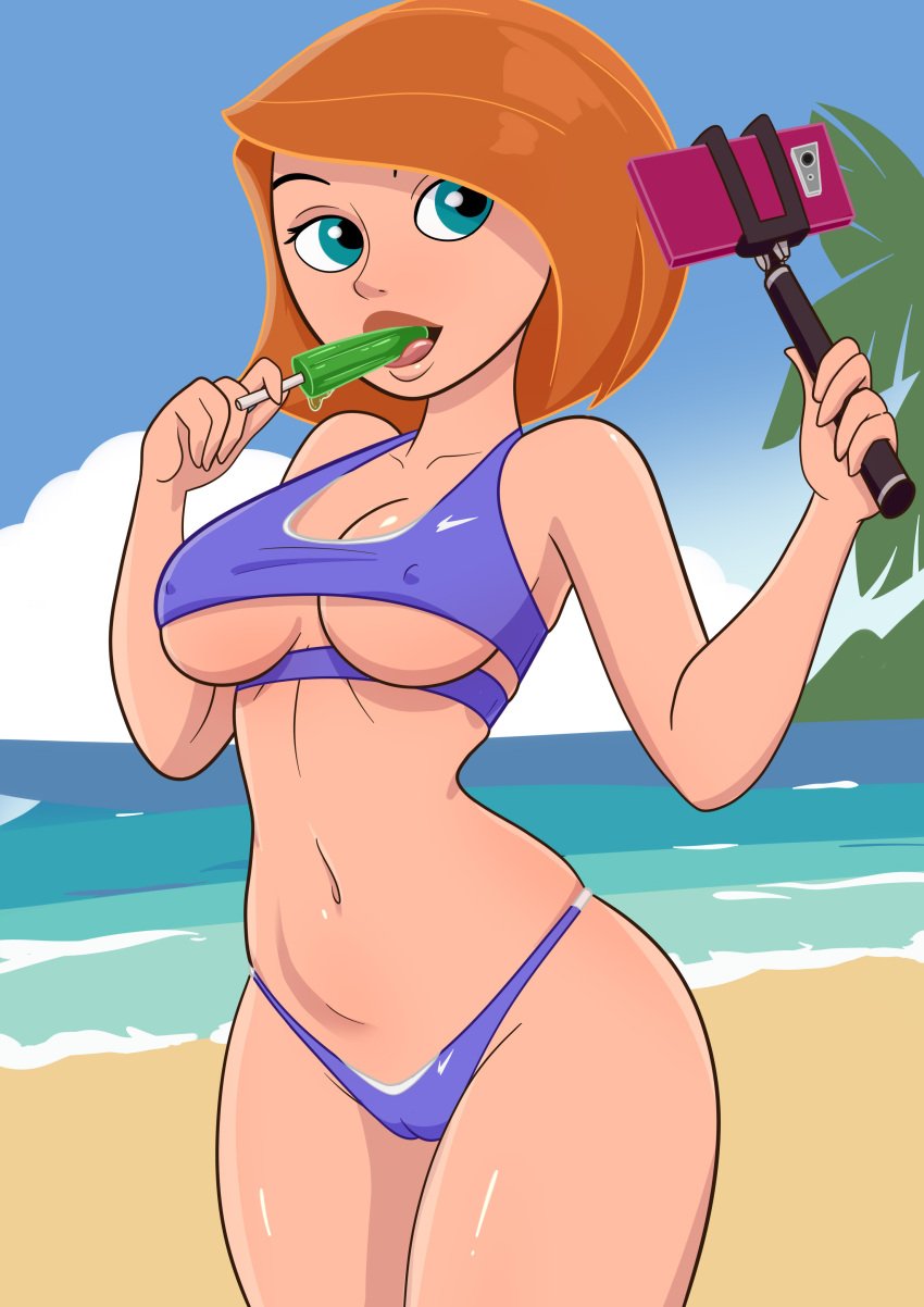 ann_possible beach bikini bikini_top blue_eyes cameltoe cleavage female female_only kim_possible originaltkw outdoors popsicle popsicle_in_mouth revealing_clothes selfie_stick skimpy_clothes skindentation underboob underboob_cutout