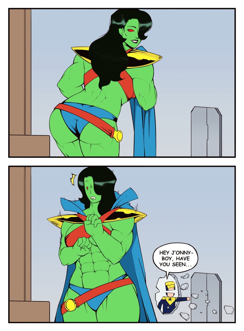 1boy 1girls abs alien alien_girl alien_humanoid bonnymama7 booster_gold comic_page dc dc_comics female female_focus funny gender_transformation genderbend genderswap green_skin human male male_to_female martian martian_manhunter muscular_female red_eyes rule_63