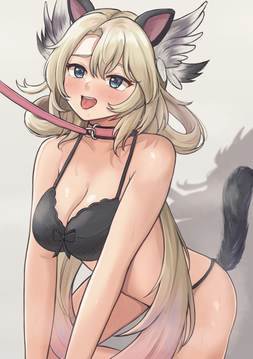 1girls black_bra black_lingerie black_panties blonde_hair blue_eyes blush bra cleavage collar eien_project fake_animal_ears fake_cat_ears fake_cat_tail fake_tail female female_only femsub head_wings leash leash_and_collar light-skinned_female light_skin lingerie open_mouth panties pointy_chin skye_shinryu tenten_illust tongue tongue_out virtual_youtuber