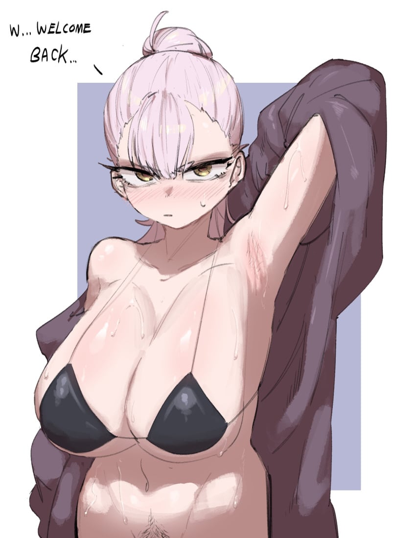 1girls arm_up armpits bikini blush character_request cleavage dialogue female female_only female_pubic_hair huge_breasts human kida_eve pubic_hair pubic_hair_peek revealing_clothes solo solo_female tagme_(character) text