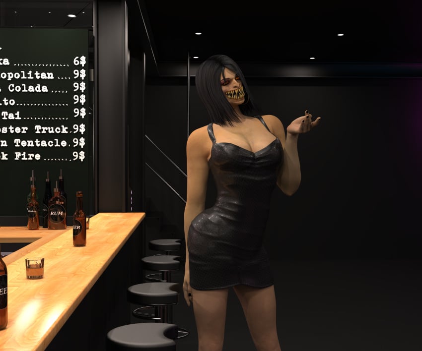 1girls 3d alcohol bar black_dress black_hair club daz3d daz_studio dress earrings female mileena mileena_(mk9) mortal_kombat mortal_kombat_(2011) sharp_teeth shinteo solo