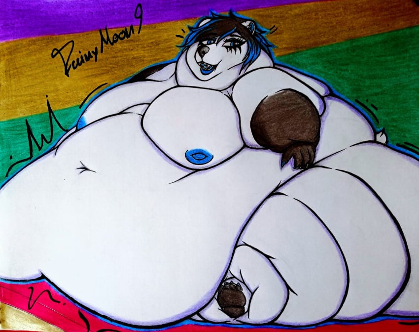 angie_(rainymoon9) anthro areola ass bear belly big_belly big_breasts big_butt blob_(disambiguation) breasts chubby_cheeks eyelashes fat_arms feederism female hi_res hybrid hyena immobile mammal morbidly_obese morbidly_obese_anthro morbidly_obese_female navel nipples obese obese_anthro obese_female overweight overweight_anthro overweight_female pawpads paws polar_bear rainymoon9 sagging_breasts story story_in_description traditional_media_(artwork) ursine weight_gain