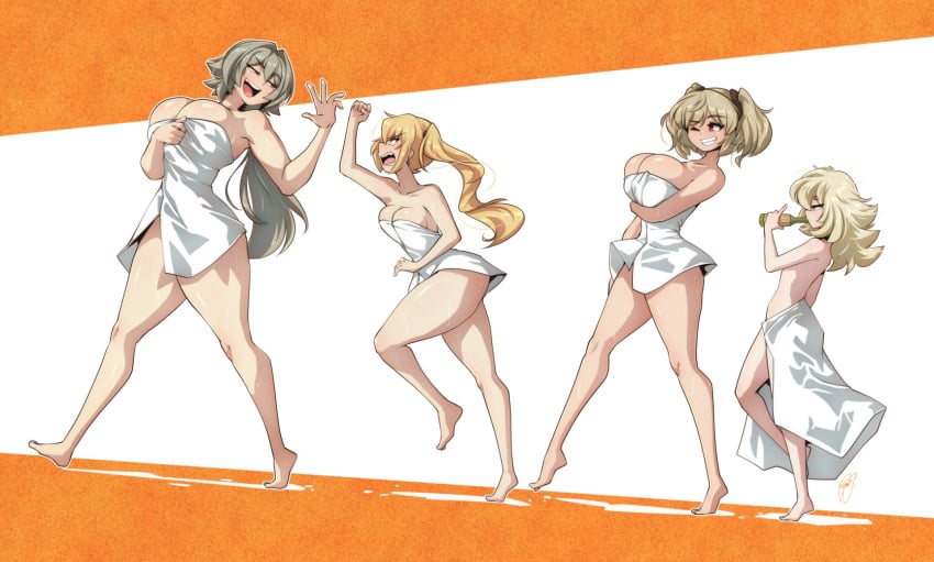 4girls barefoot blonde_hair breasts burnice_white caesar_king cleavage feet full_body green_hair hair_between_eyes large_breasts long_hair looking_at_another luciana_de_montefio medium_breasts multiple_girls naked_towel open_mouth piper_wheel red_eyes ryou_sakai side_ponytail smile thighs towel towel_only twintails zenless_zone_zero