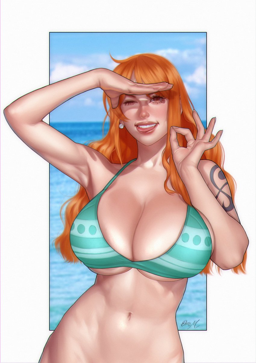 1girls belly belly_button big_breasts bikini bikini_top bikini_top_only biting_tongue blue_sky bottomless breasts cleavage female female_only huge_breasts long_hair nami ok_sign one_eye_closed one_piece orange_hair othalam post-timeskip sea shoulder_tattoo sky solo striped_bikini tattoo toned toned_female tongue_out water wink