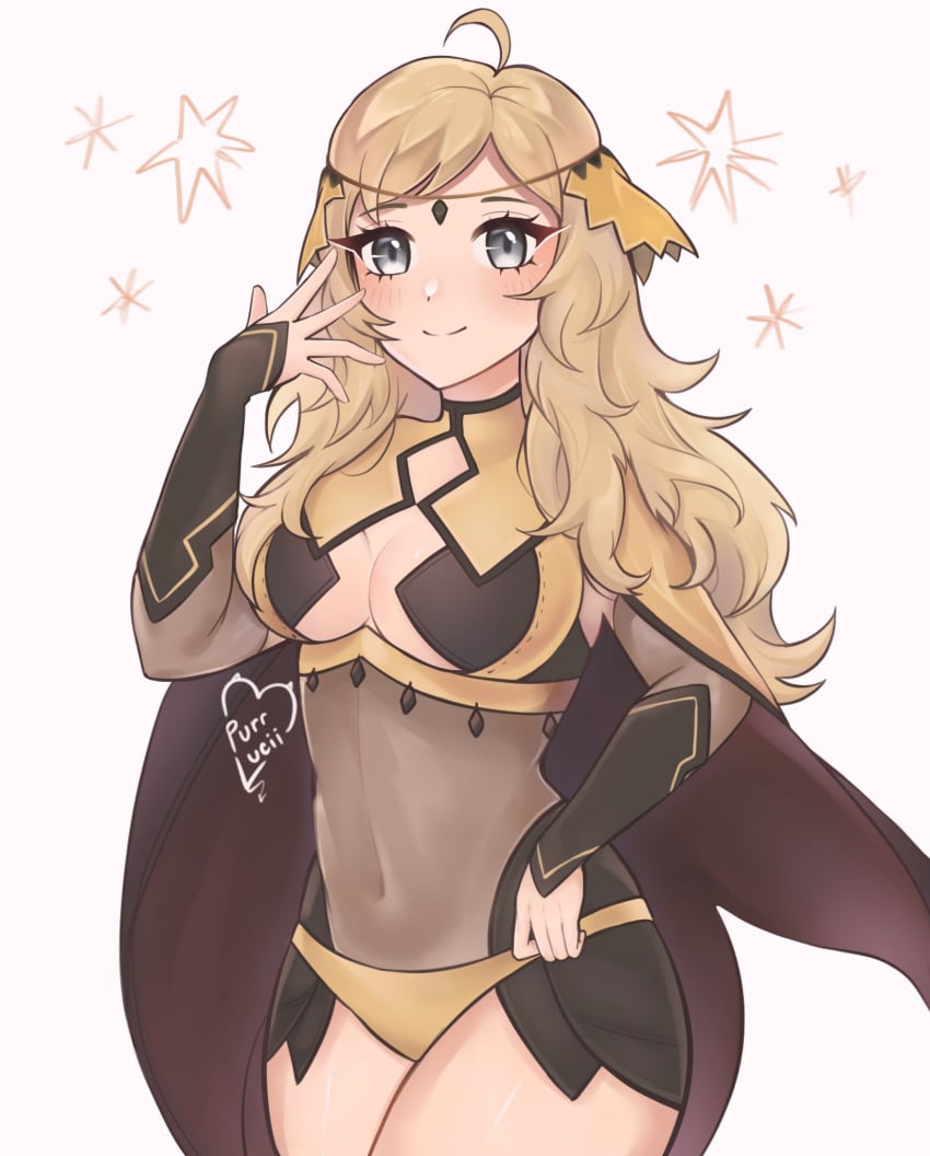 1girls ahoge artist_name bare_thighs black_cape blonde_hair bodystocking breasts cape cleavage english_commentary female female_only fire_emblem fire_emblem_fates hand_over_face highres inner_thighs long_hair looking_at_viewer medium_breasts nintendo open_hand ophelia_(fire_emblem) panties purple_eyes purrlucii smile solo teenager thighs underwear white_background yellow_panties