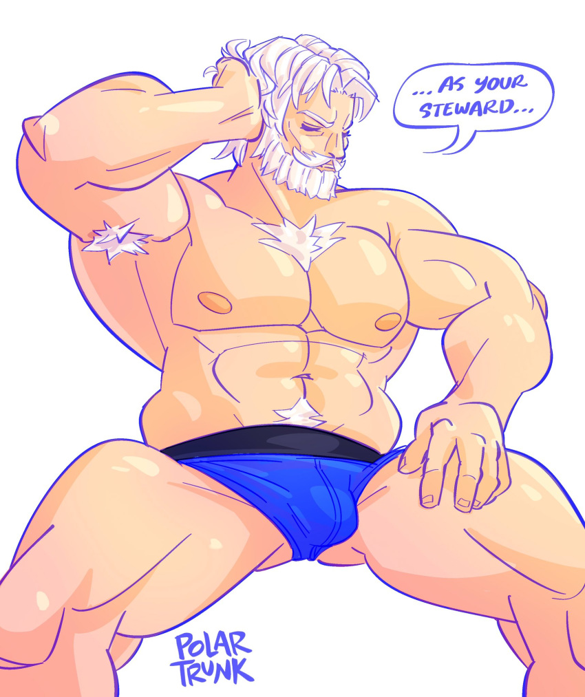 armpit_hair bara beard bulge chest_hair closed_eyes facial_hair fire_emblem fire_emblem_engage male male_only muscles muscular nintendo polartrunk sitting solo solo_male speech_bubble spread_legs underwear underwear_only vander_(fire_emblem) white_hair