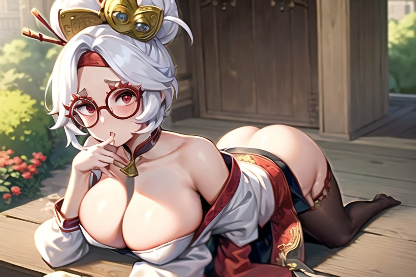 1girls ai_generated all_fours arched_back ass bent_over blush breath_of_the_wild cleavage finger_on_mouth glasses hair_bun hair_ornament laying_down looking_at_viewer nintendo no_sex outside pixai purah purah_(tears_of_the_kingdom) red_eyes robe round_breasts short_hair solo_focus stockings tears_of_the_kingdom the_legend_of_zelda uncensored video_games wekilled_god white_hair