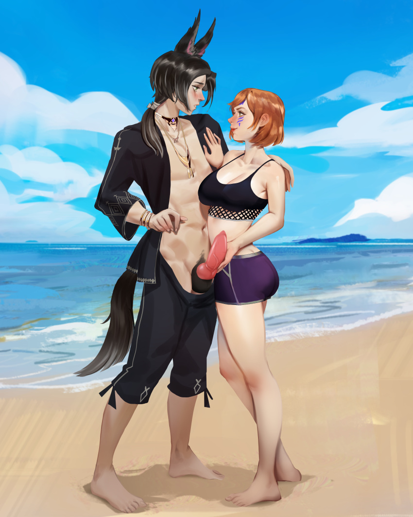 beach canine_genitalia canine_penis clothed final_fantasy_xiv fordola_rem_lupis hand_on_penis jiro_kurama quezadilla viera